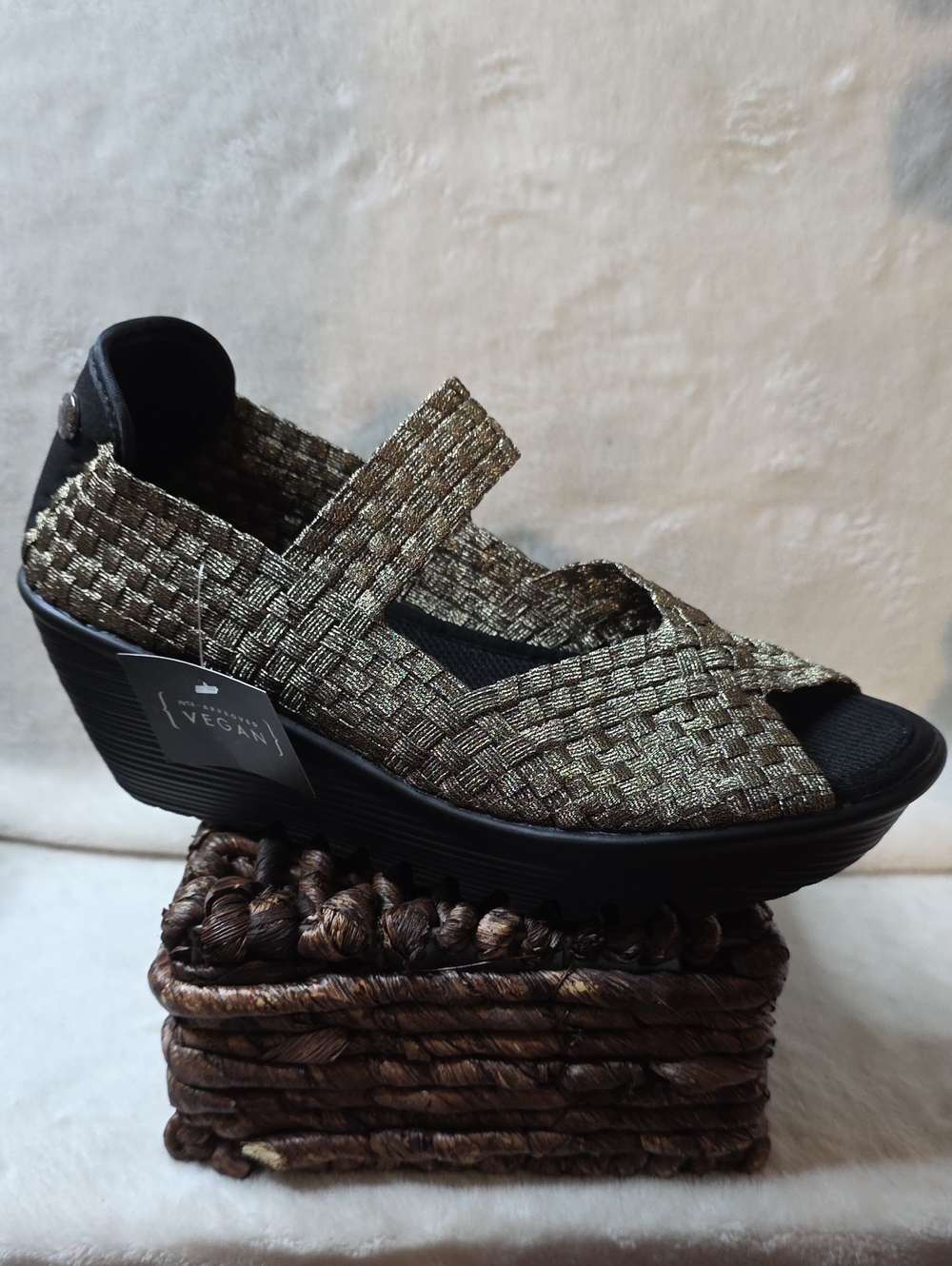 NEW bernie mev. Metallic Gold Woven Elastic Vegan Wedge Sandal